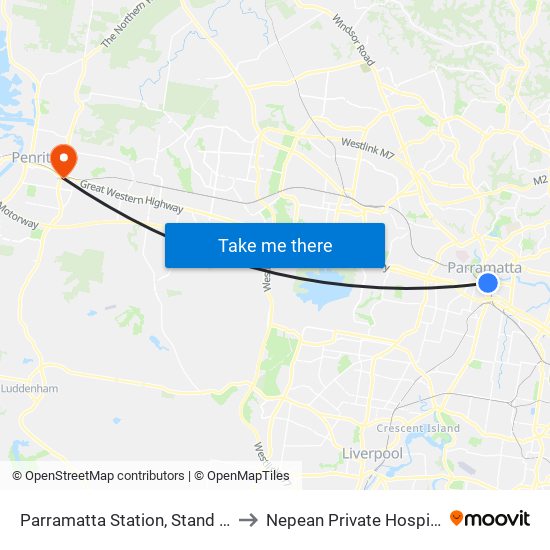 Parramatta Station, Stand A3 to Nepean Private Hospital map