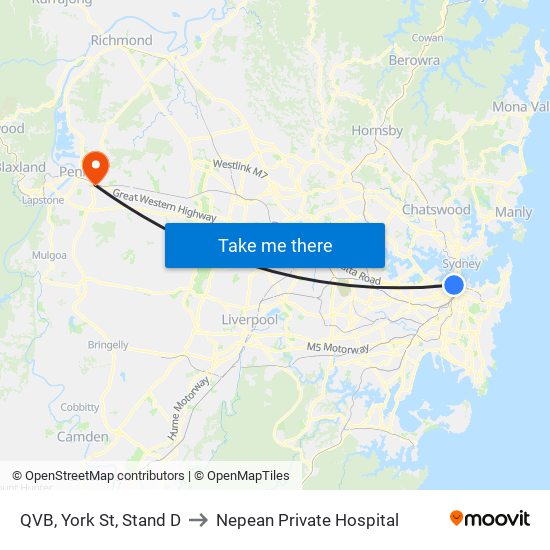 QVB, York St, Stand D to Nepean Private Hospital map