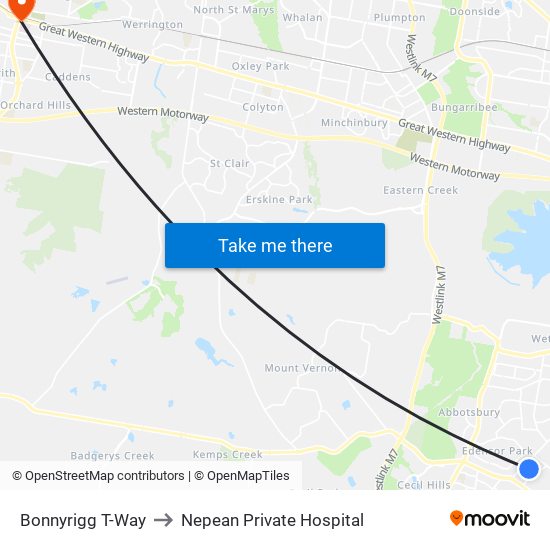 Bonnyrigg T-Way to Nepean Private Hospital map
