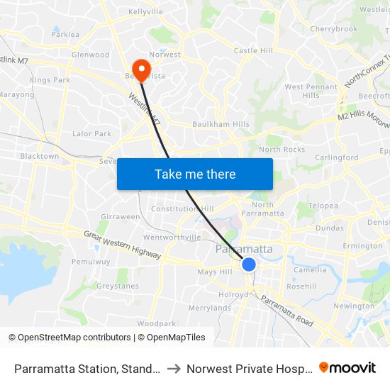 Parramatta Station, Stand A3 to Norwest Private Hospital map