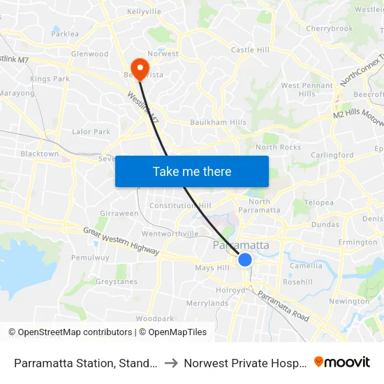 Parramatta Station, Stand A2 to Norwest Private Hospital map