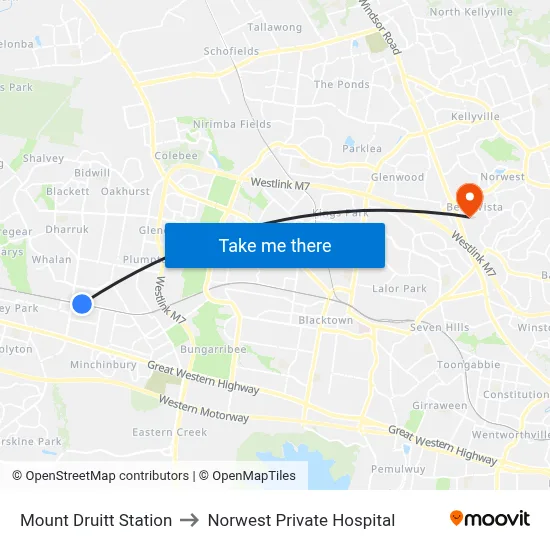 Mount Druitt Station to Norwest Private Hospital map
