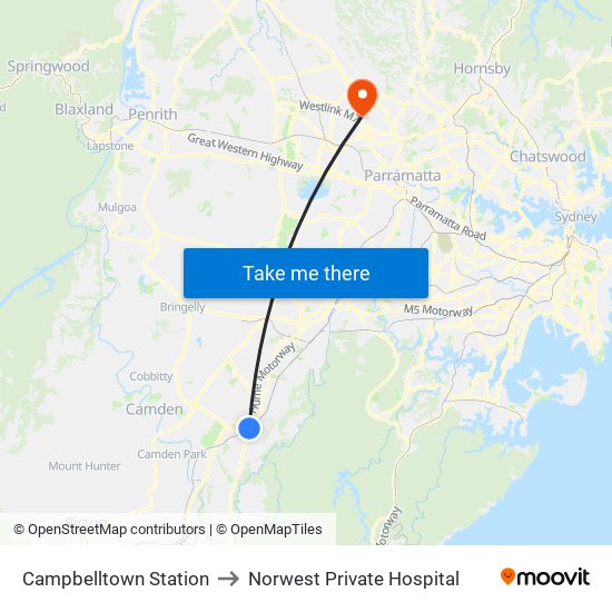 Campbelltown Station to Norwest Private Hospital map