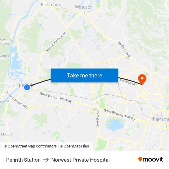 Penrith Station to Norwest Private Hospital map