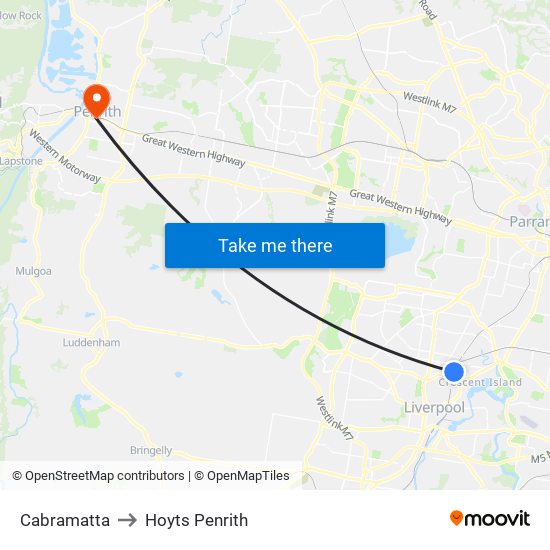 Cabramatta to Hoyts Penrith map