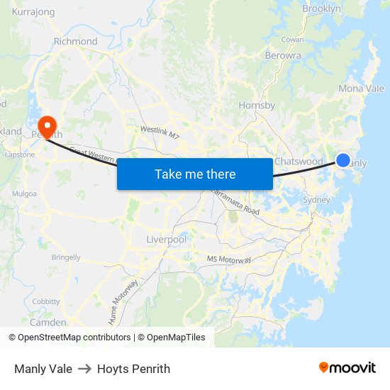 Manly Vale to Hoyts Penrith map