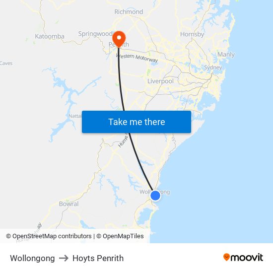 Wollongong to Hoyts Penrith map