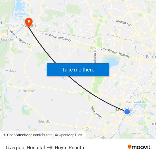 Liverpool Hospital to Hoyts Penrith map