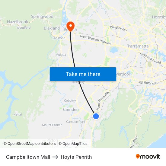 Campbelltown Mall to Hoyts Penrith map