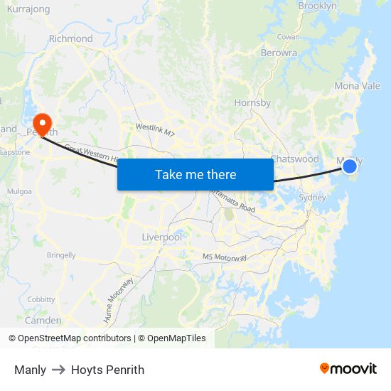 Manly to Hoyts Penrith map