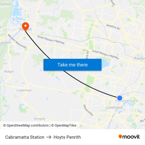 Cabramatta Station to Hoyts Penrith map