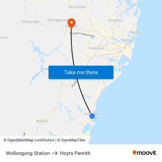 Wollongong Station to Hoyts Penrith map