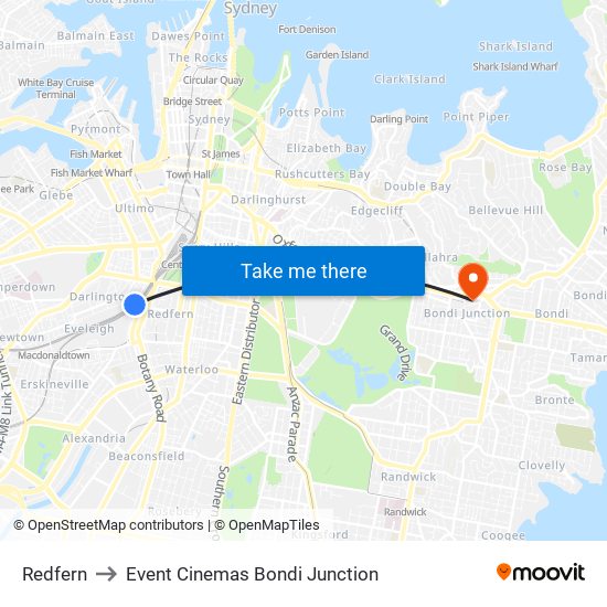 Redfern to Event Cinemas Bondi Junction map