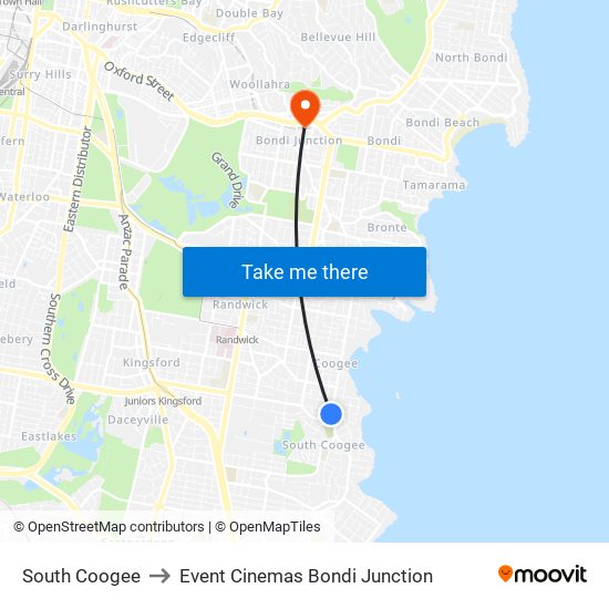 South Coogee to Event Cinemas Bondi Junction map