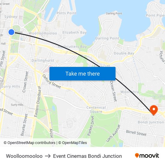 Woolloomooloo to Event Cinemas Bondi Junction map