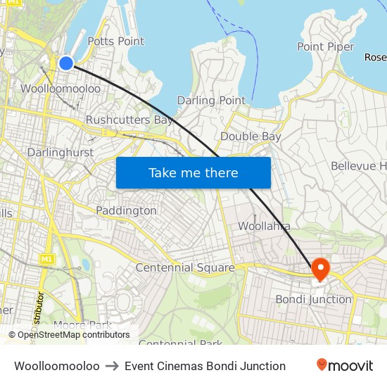 Woolloomooloo to Event Cinemas Bondi Junction map