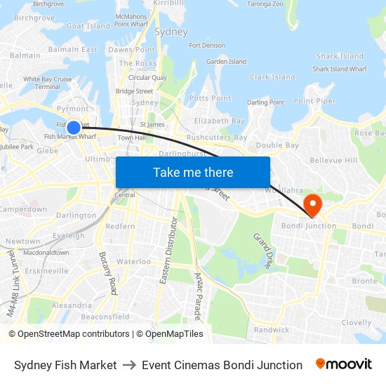 Sydney Fish Market to Event Cinemas Bondi Junction map