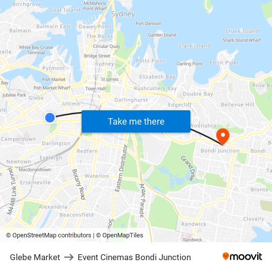 Glebe Market to Event Cinemas Bondi Junction map