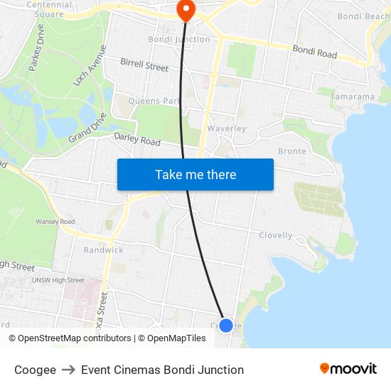 Coogee to Event Cinemas Bondi Junction map