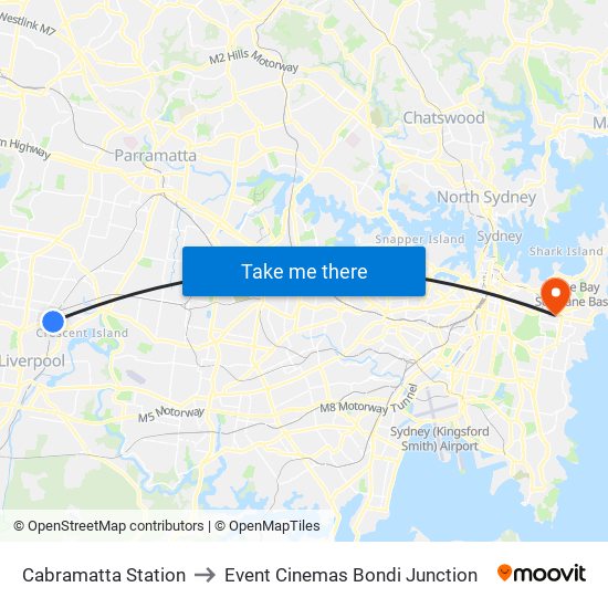Cabramatta Station to Event Cinemas Bondi Junction map