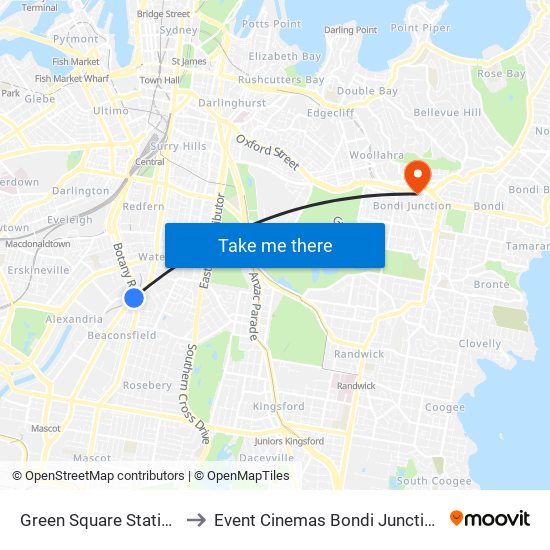 Green Square Station to Event Cinemas Bondi Junction map