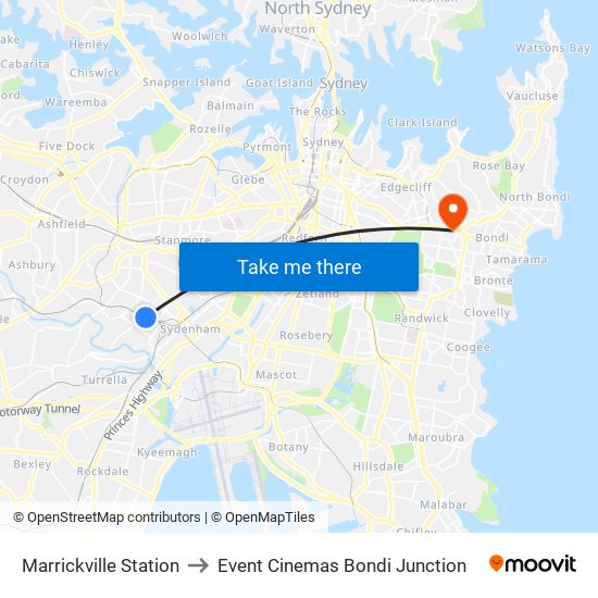 Marrickville Station to Event Cinemas Bondi Junction map