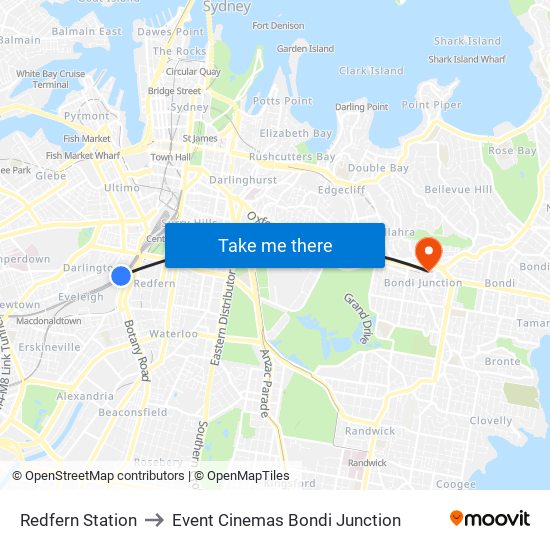 Redfern Station to Event Cinemas Bondi Junction map