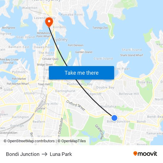 Bondi Junction to Luna Park map