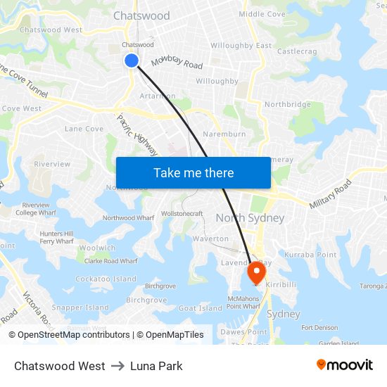 Chatswood West to Luna Park map