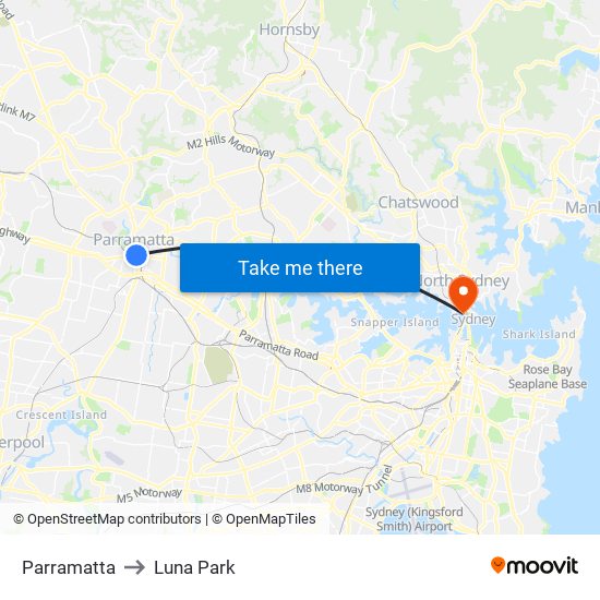 Parramatta to Luna Park map