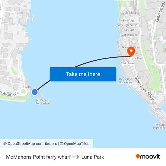 McMahons Point ferry wharf to Luna Park map