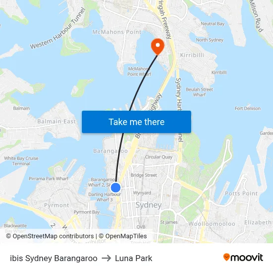 ibis Sydney Barangaroo to Luna Park map