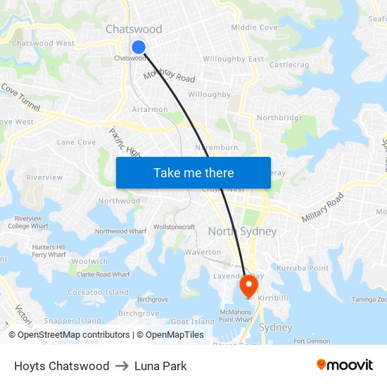 Hoyts Chatswood to Luna Park map