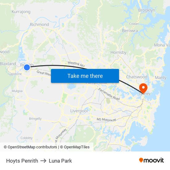 Hoyts Penrith to Luna Park map