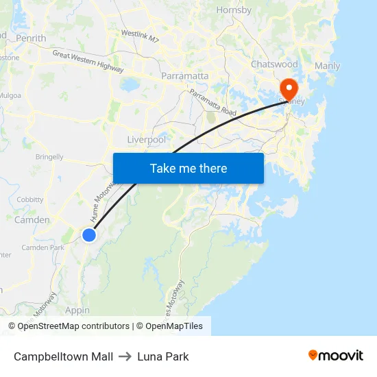 Campbelltown Mall to Luna Park map