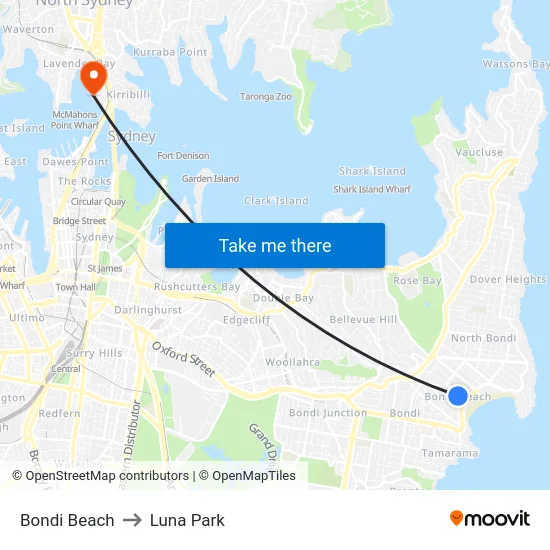 Bondi Beach to Luna Park map