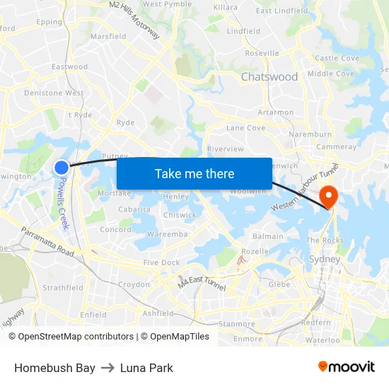 Homebush Bay to Luna Park map