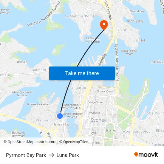 Pyrmont Bay Park to Luna Park map