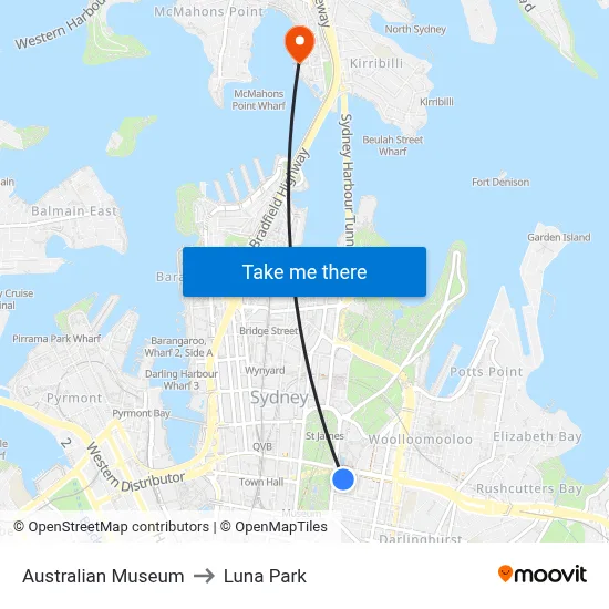Australian Museum to Luna Park map