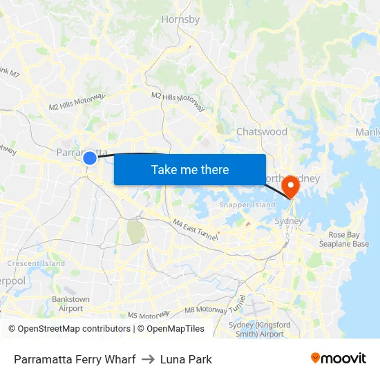 Parramatta Ferry Wharf to Luna Park map