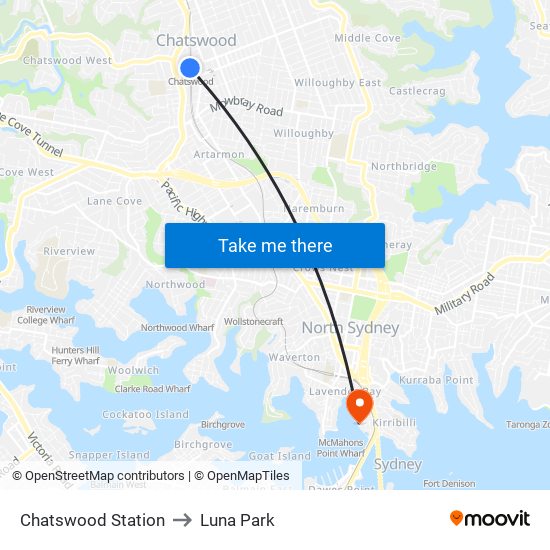Chatswood Station to Luna Park map