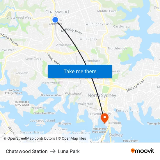 Chatswood Station to Luna Park map