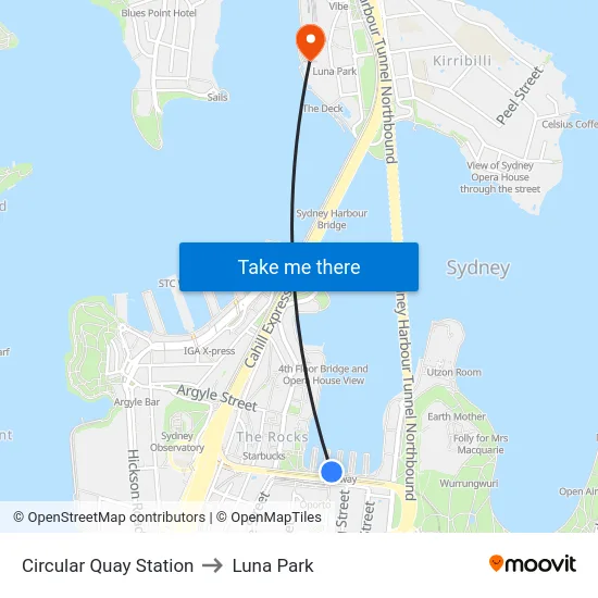 Circular Quay Station to Luna Park map