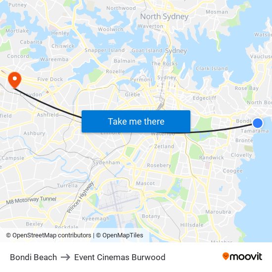 Bondi Beach to Event Cinemas Burwood map
