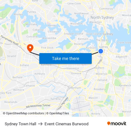 Sydney Town Hall to Event Cinemas Burwood map
