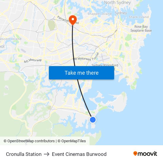 Cronulla Station to Event Cinemas Burwood map