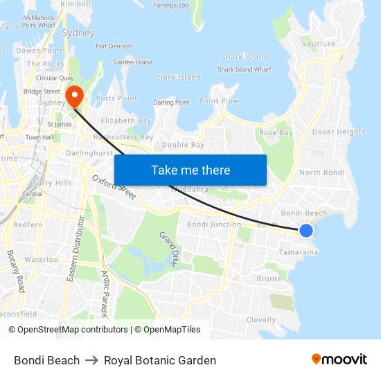 Bondi Beach to Royal Botanic Garden map