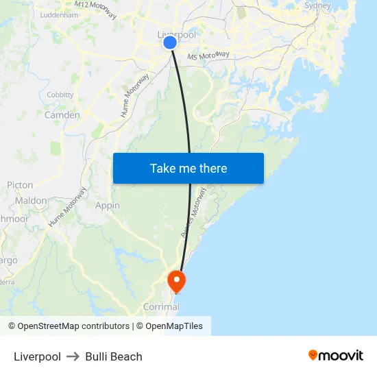 Liverpool to Bulli Beach map