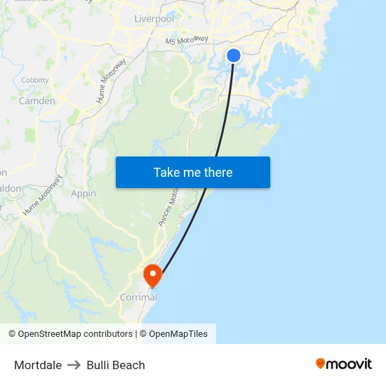 Mortdale to Bulli Beach map