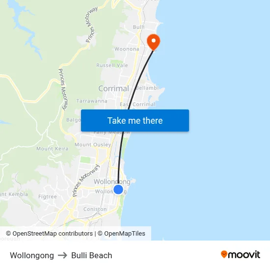 Wollongong to Bulli Beach map